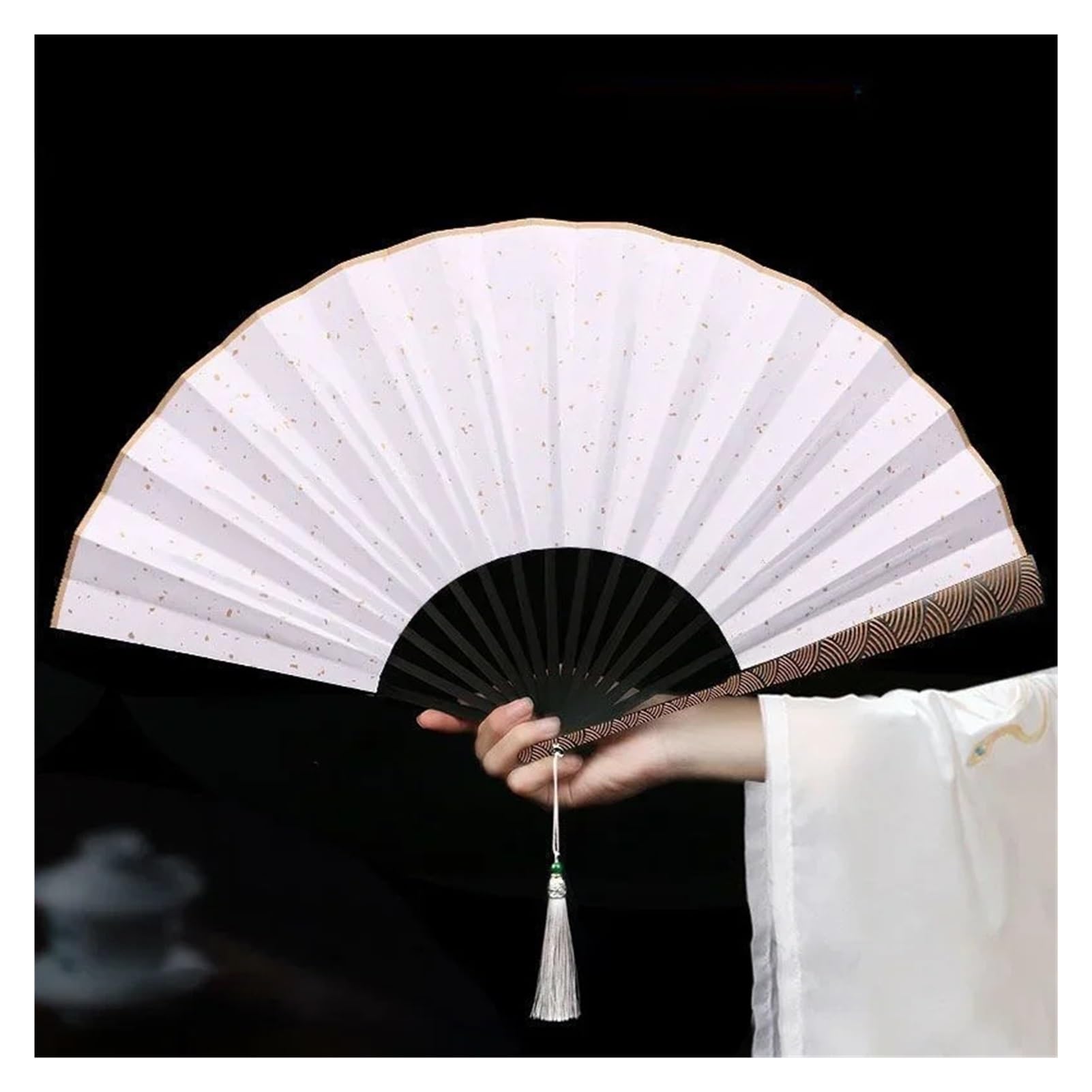DYMKIE Cloud Pattern Fine Carved Rice Paper Folding Fan Black Sprinkled Gold Silk Cloth Antique Sea Wave Pattern Fan(White)