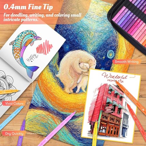 Image of Soucolor 72 Dual Brush Markers Adult Coloring Books,Fine &Brush Double Pens | 72 Vibrant Water-Based Colors,No Smudge, DIY Color Card,4 Coloring Sheets and Portable Case Lettering, & journaling.