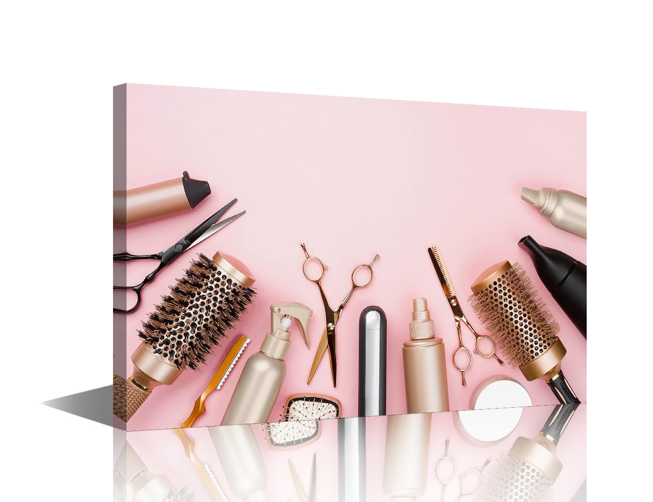 1 Piece Hair Salon Canvas Art Wall Decor Golden Haircut Tools on Pink Background Bedroom Wall Art Pictures for Living Room Powder Room Modern Wall Art Stretched and Framed Ready to Hang 18x12in