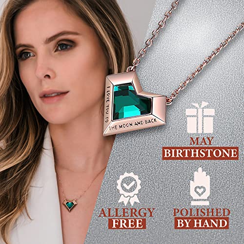 Leafael Ivy Heart Necklaces For Women, 925 Sterling Silver Chain, Emerald Green May Birthstone Crystal Geometric Pendant, 18K Rose Gold Plated, Jewelry Gifts For Her, I Love You To The Moon And Back #TOP3