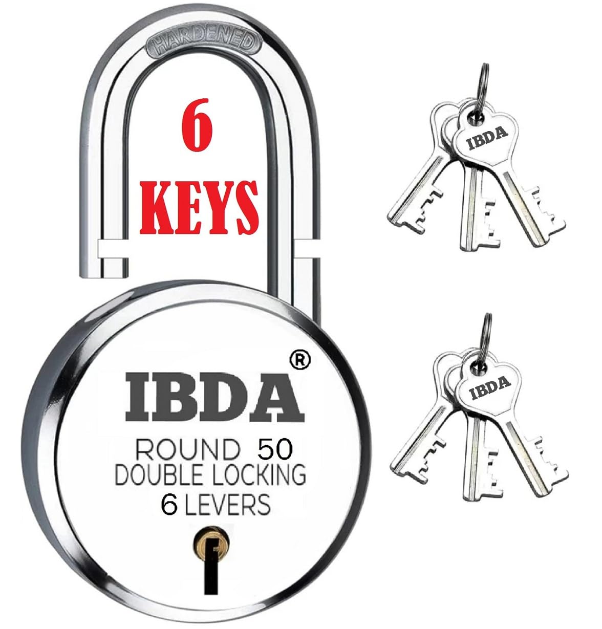IBDA small lock 50mm with 6 keys |lock and key|Double Locking| 6Levers' Technology | Rivetless Steel Body Padlock | Lock for indoor use, home, gate, door, kadi, channel, chain, shop, school, warehouse-image-17