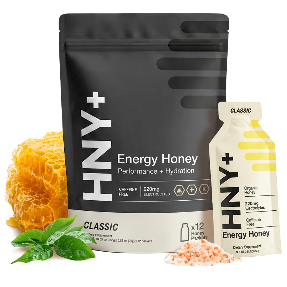 HNY+ Organic Honey Energy Gel with Electrolytes, Caffeine Free, 12ct Classic (Caffeine Free)