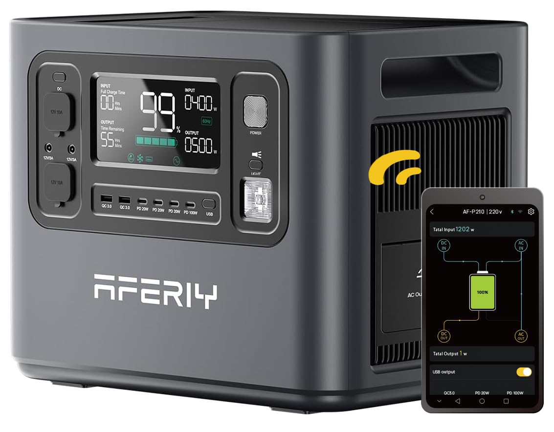 AFERIY P210 Power Station Portatile 2400W Centrale Elettrica Batteria LiFePO4 2048Wh Generatore Solare Ricarica Rapida Stazione di Alimentazione Casa Campeggio Accumulatore Energia UPS Emergenze APP