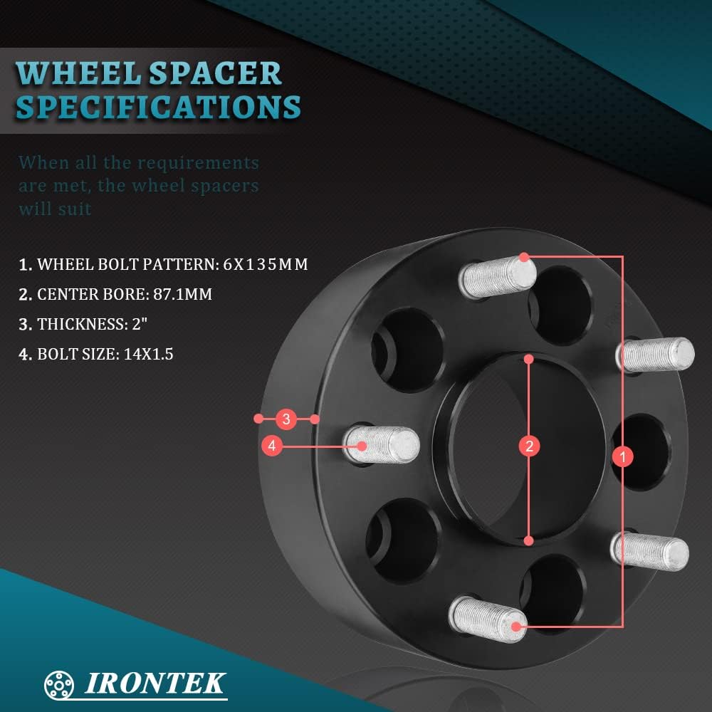 IRONTEK 2in 6x135mm Wheel Spacers (87.1mm Hub Bore, 14x1.5 Studs) 6x135mm to 6x135mm Hubcentric Wheel Spacers Adapter for Ford 15-22 F-150/Expedition, for Lincoln 15-22 Navigator 2PCS
