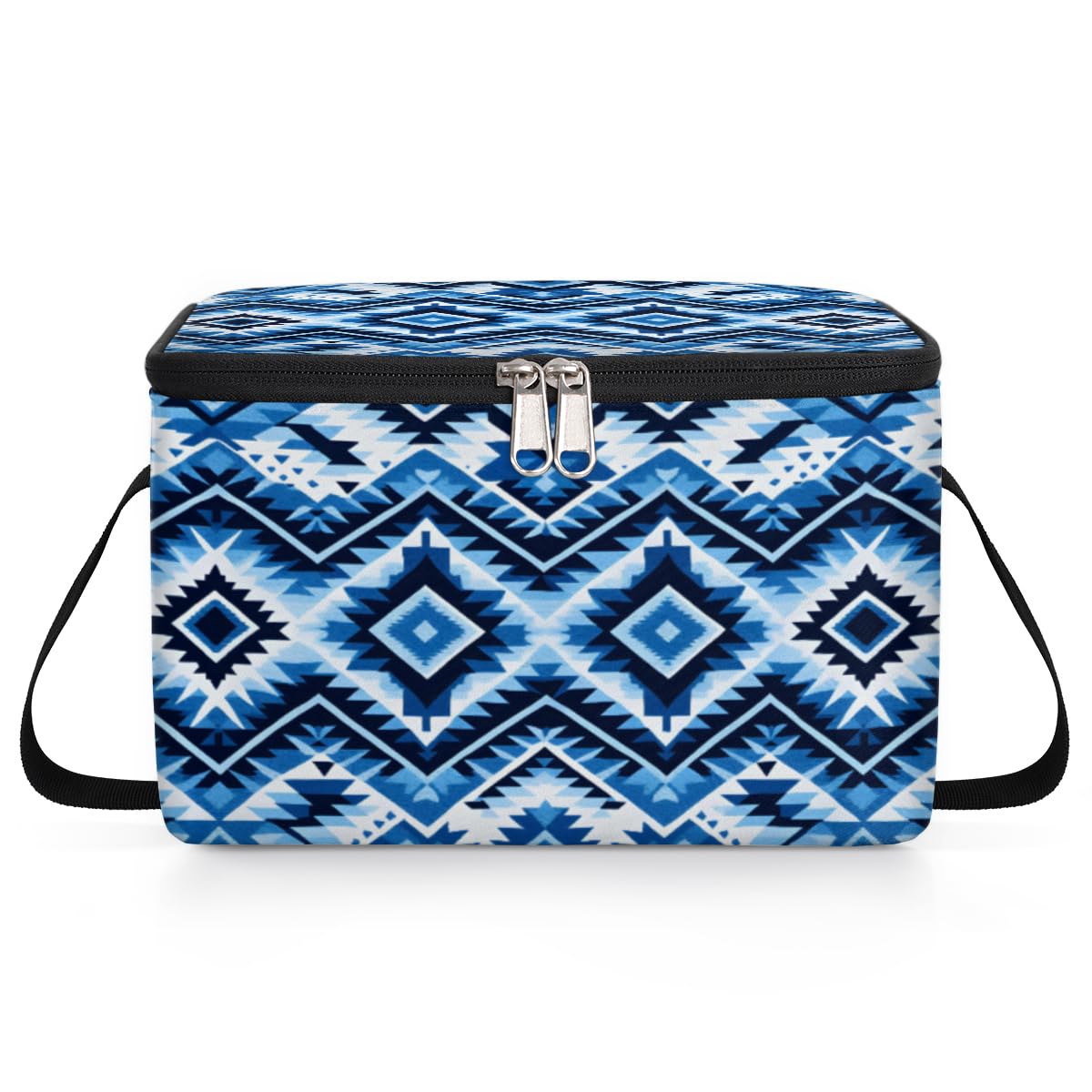 GzLeyigou Ethnic Trellis Lunch Bags for Women Men 9 Cans, Hot & Cold Food Delivery Bag Insulated Grocery Bag Insulated Lunch Box Blue Folk Cooler Bag for Office Work Picnic Beach