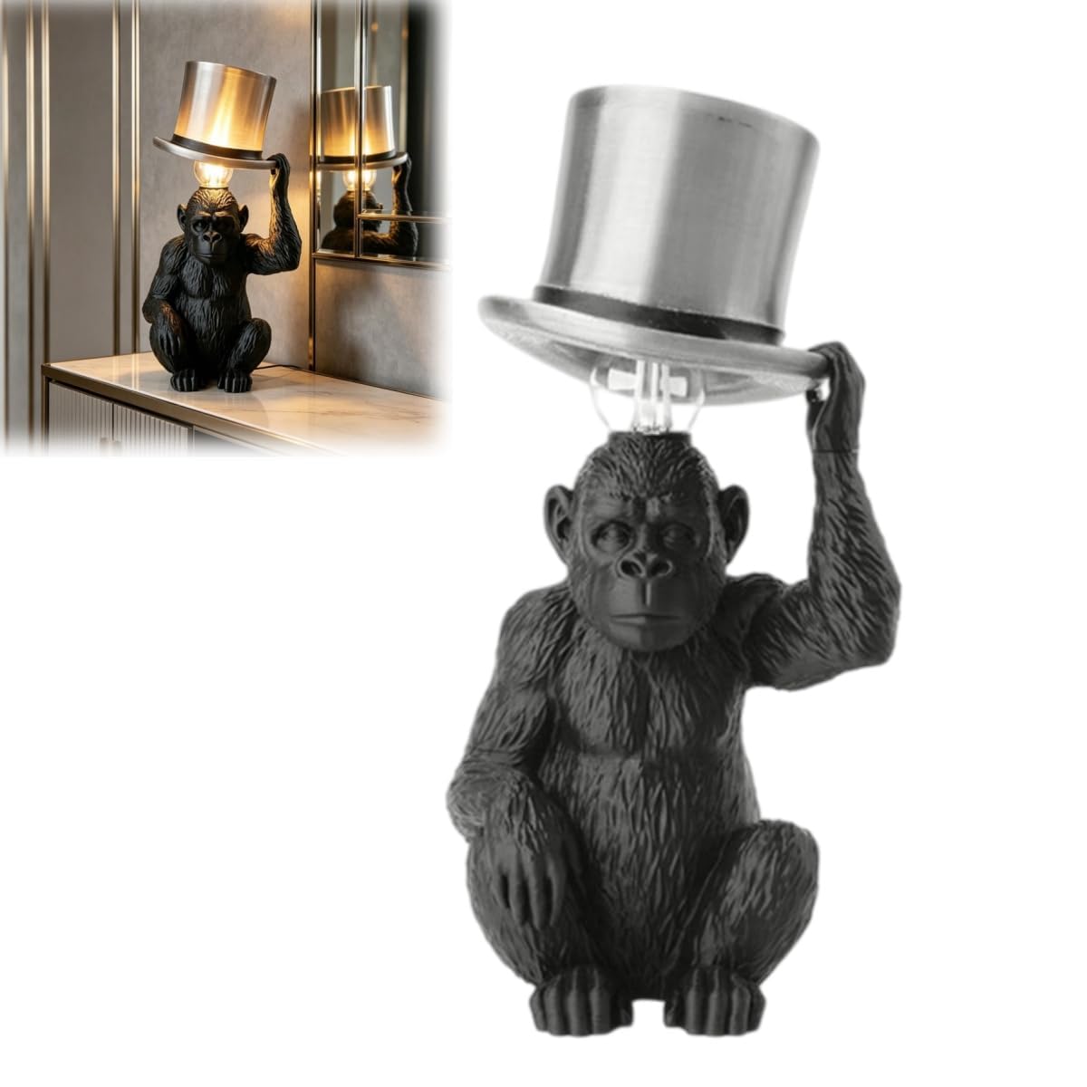 Monkey Table Lamp with Top Hat – Sculptural Animal Desk Lamp, Fun Creative Decorative Lamp for Living Room, Bedroom, Bar & Cafe, Whimsical Animal Sculpture Night Light for Monkey Lovers (Black)