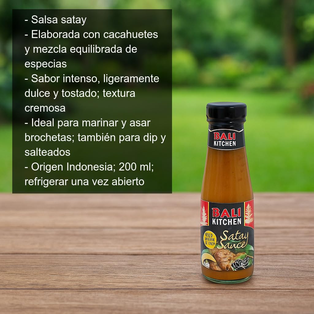 Salsa Satay Asiática de Cacahuete 200 ml Estilo Indonesia para Brochetas, Marinados, Wok, Noodles y Dips Sabor Tostado Cremoso