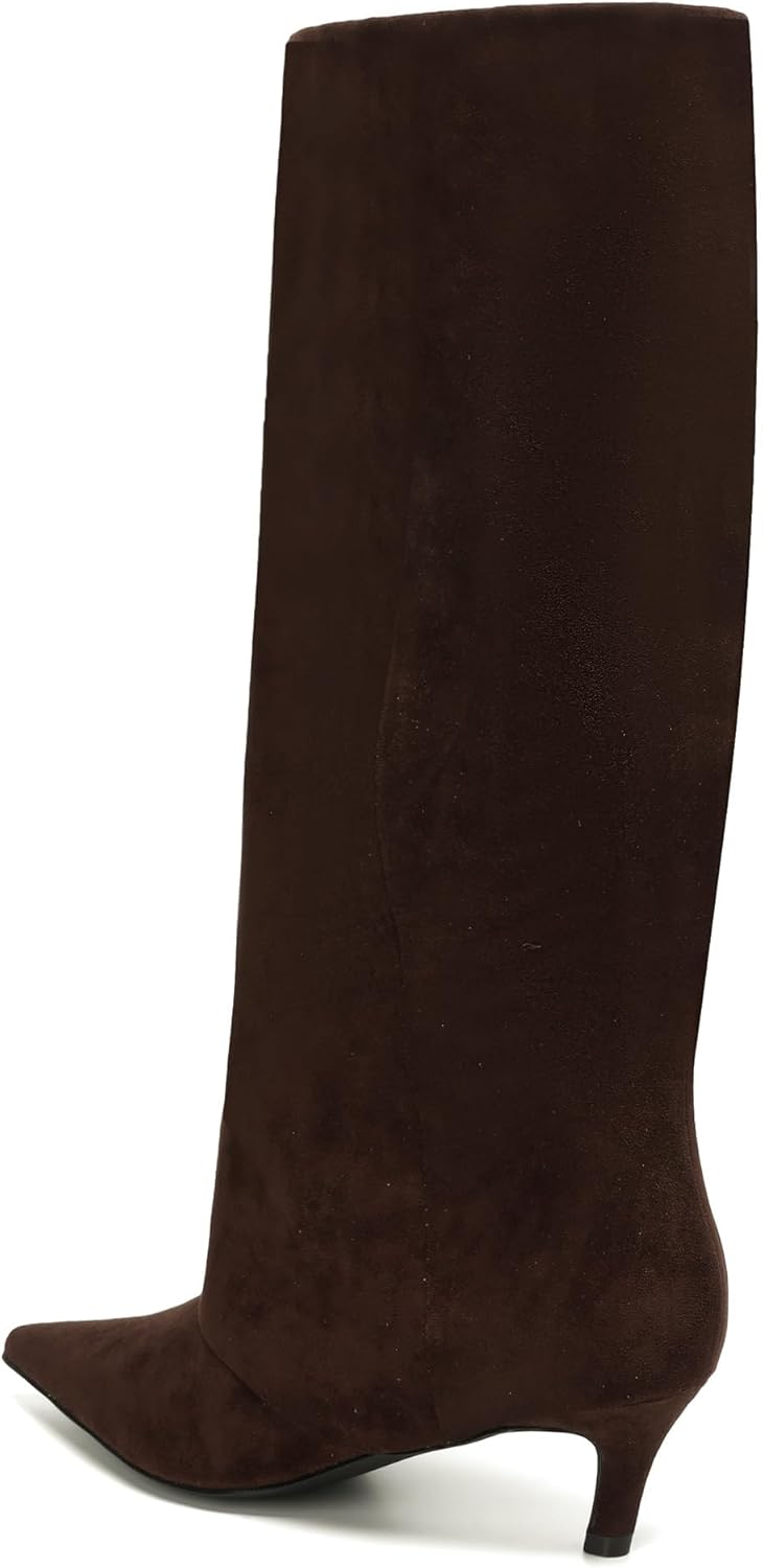 Brown Suede Knee High Boots for Women Comfortable Pull on Pointed Toe 2 Inch Kitten Heel Fold Over Boots. - Image 5
