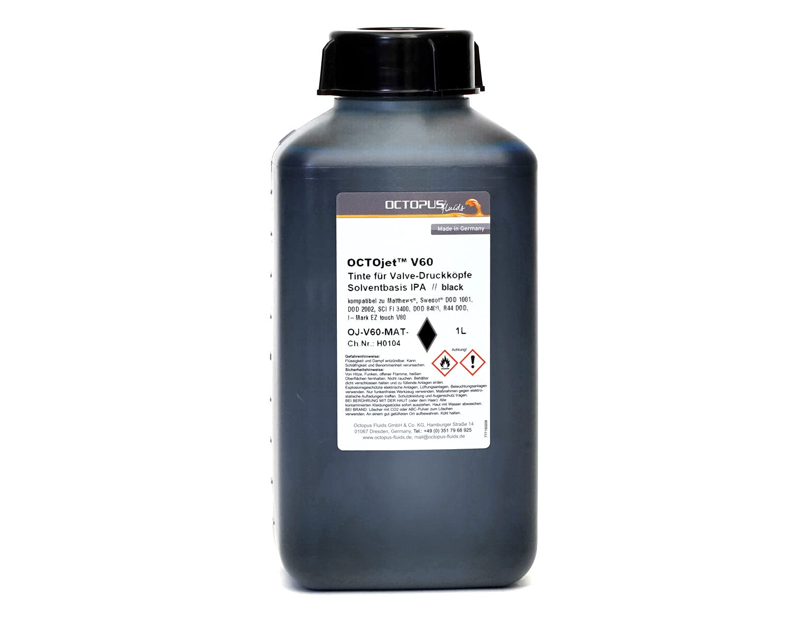 Encre à solvant OCTOjet pour l'encrage jet d'encre à grands caractères DOD, Drop on Demand Schwarz 1L