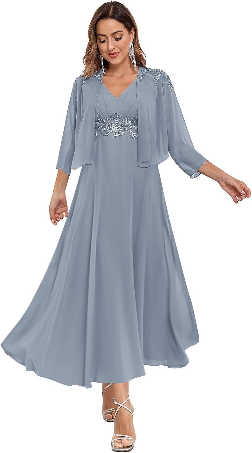 BONOYUER 2 Pieces Mother of The Groom Dress with Jacket for Women Lace Applique Formal Wedding Guest Dress