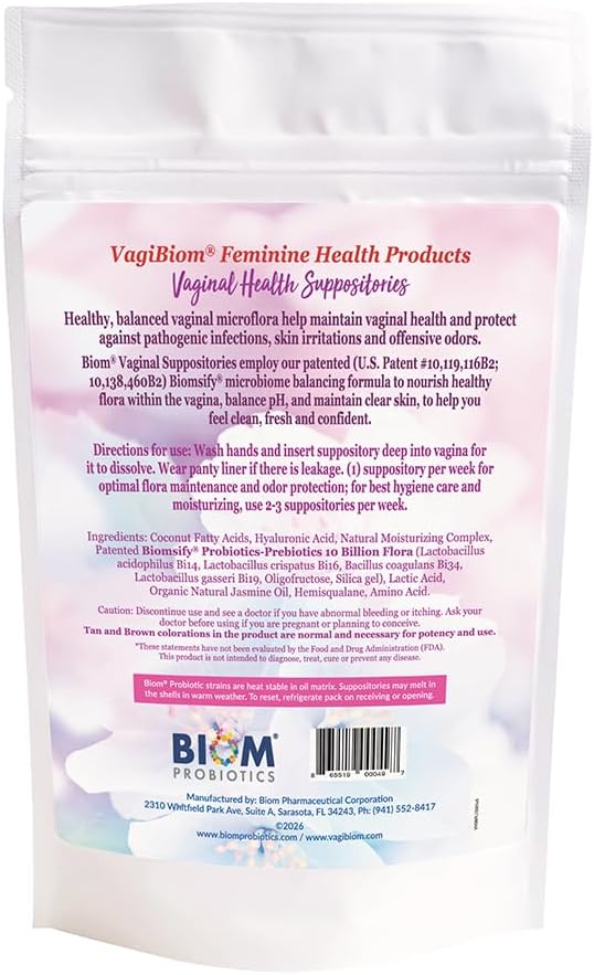 VagiBIOM® Feminine Care Suppositories – Intimate Moisturizing & Freshness Support - Lactobacillus + Prebiotics Formula 100% Vegan – No Parabens, No preservatives (15 Count)