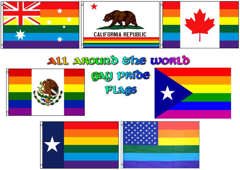 Wholesale Lot of 7 All Around The World Gay Pride Rainbow LGBT Flags Australia, California, Canada, Mexico, Puerto Rico, Texas and USA 3'x5' Polyester Flags