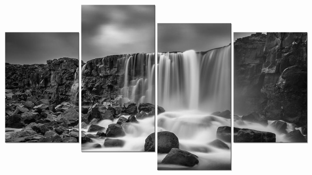 Pyradecor 4 panels Black and White Rocky Waterfall Pictures Paintings on Canvas Wall Art Prints for Wall Decor Living Room Modern Grace Landscape Sea Beach Giclee Canvas Print Artwork Home Decorations