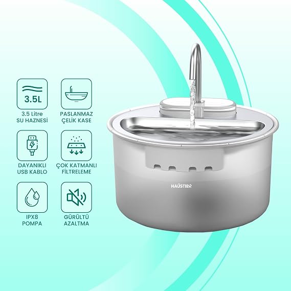 Haustier WF009LS Automatic Cat Water Dispenser,Cat Water Fountain,Water Spring 3.5Lt Large Hopper,Steel Table,Ulta Quiet,BPA Free (White,3.5lt)