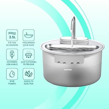 Haustier WF009LS Automatic Cat Water Dispenser,Cat Water Fountain,Water Spring 3.5Lt Large Hopper,Steel Table,Ulta Quiet,BPA Free (White,3.5lt)