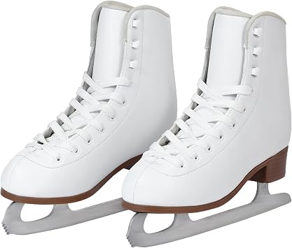 Figure Ice Skates for Beginners - White Comfortable Leather Ice Skates for Women, Men, Boys & Girls Size Up 1 Size White, Womens Size-9/Mens Size 7.5