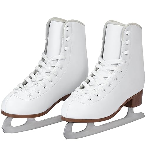 AhmyLion Figure Ice Skates for Beginners - White Comfortable Leather Ice Skates for Women, Men, Boys & Girls (Size Up 1 Size) (White, Womens Size-5/ Children 3Y)