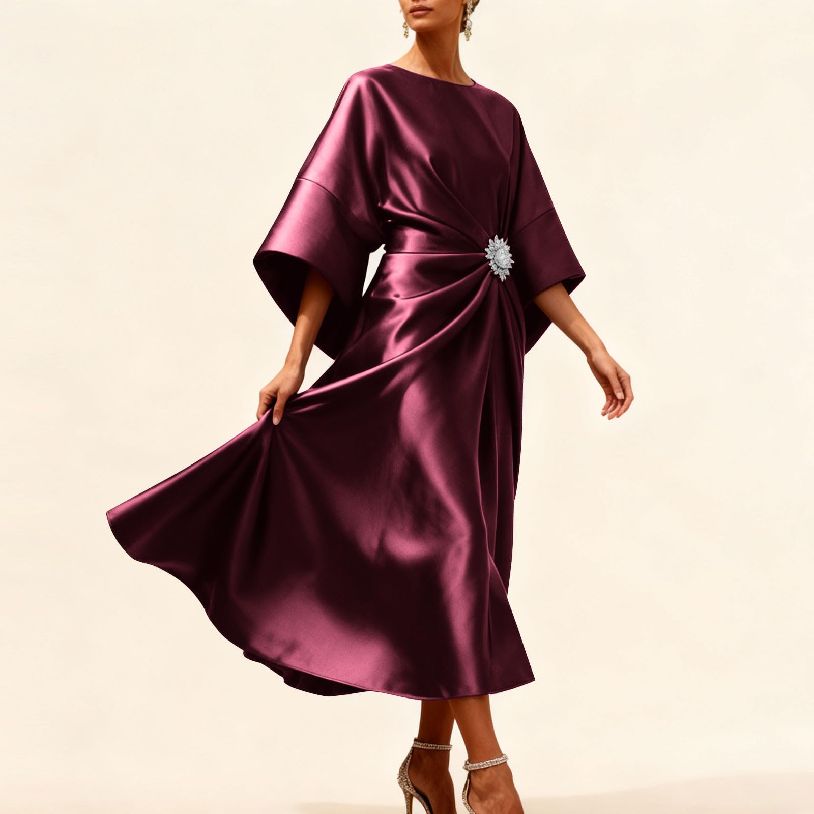Abito midi da donna in raso a mezza manica moderno alla moda con maniche a pipistrello increspato con spilla di cristallo staccabile elegante abito casual in seta per matrimoni, cocktail, feste