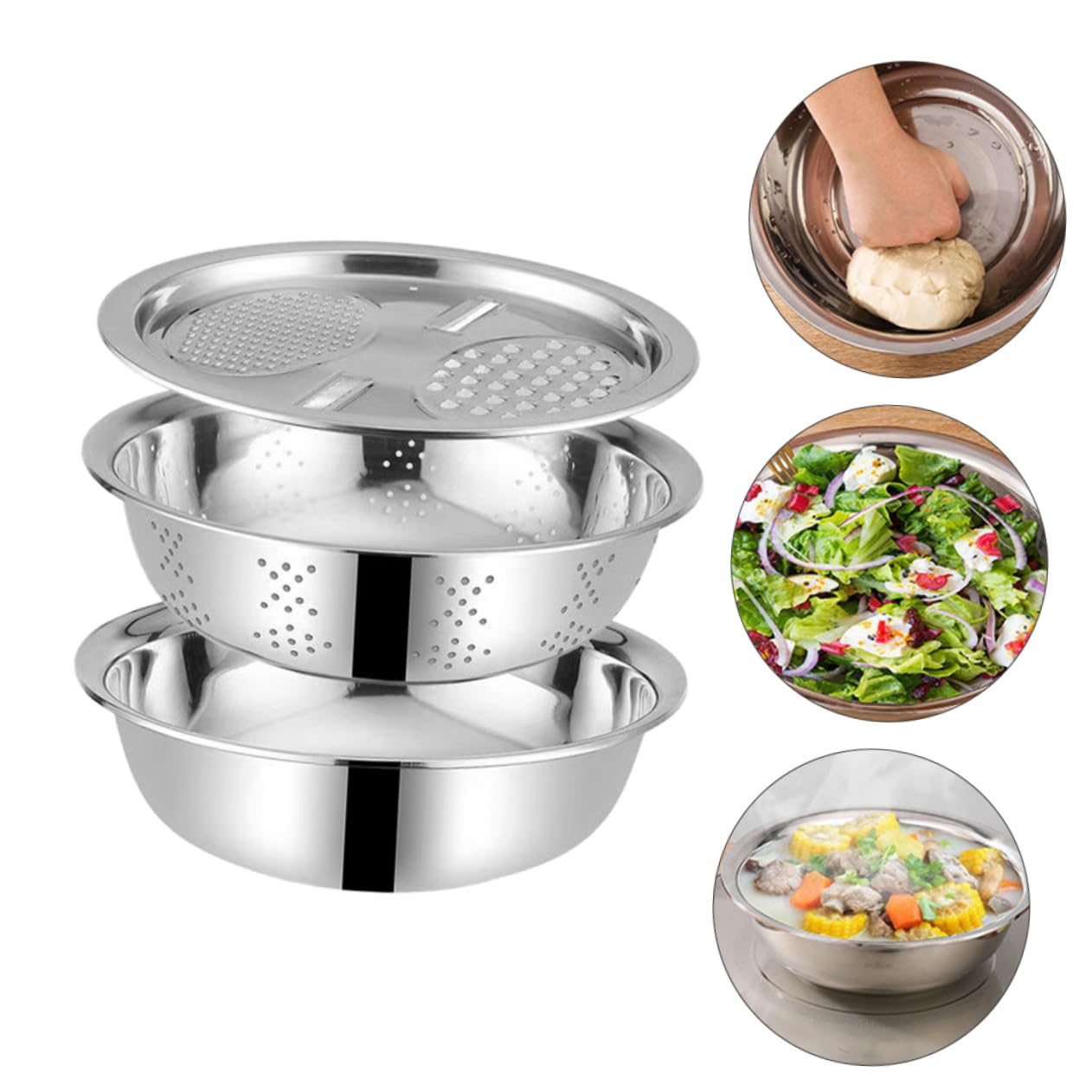Colador de Verduras y Frutas de Acero Inoxidable 3 Piezas Diseño de Drenaje Adecuado para Cocina y Amasado Estilo Aleatorio