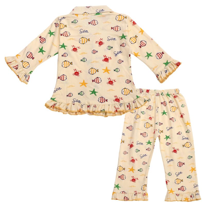 Image of superminis Hosiery Cotton Night Suit with Frill - Full Sleeves, Collared Neck, Sleep Wear for Girls, Kids
