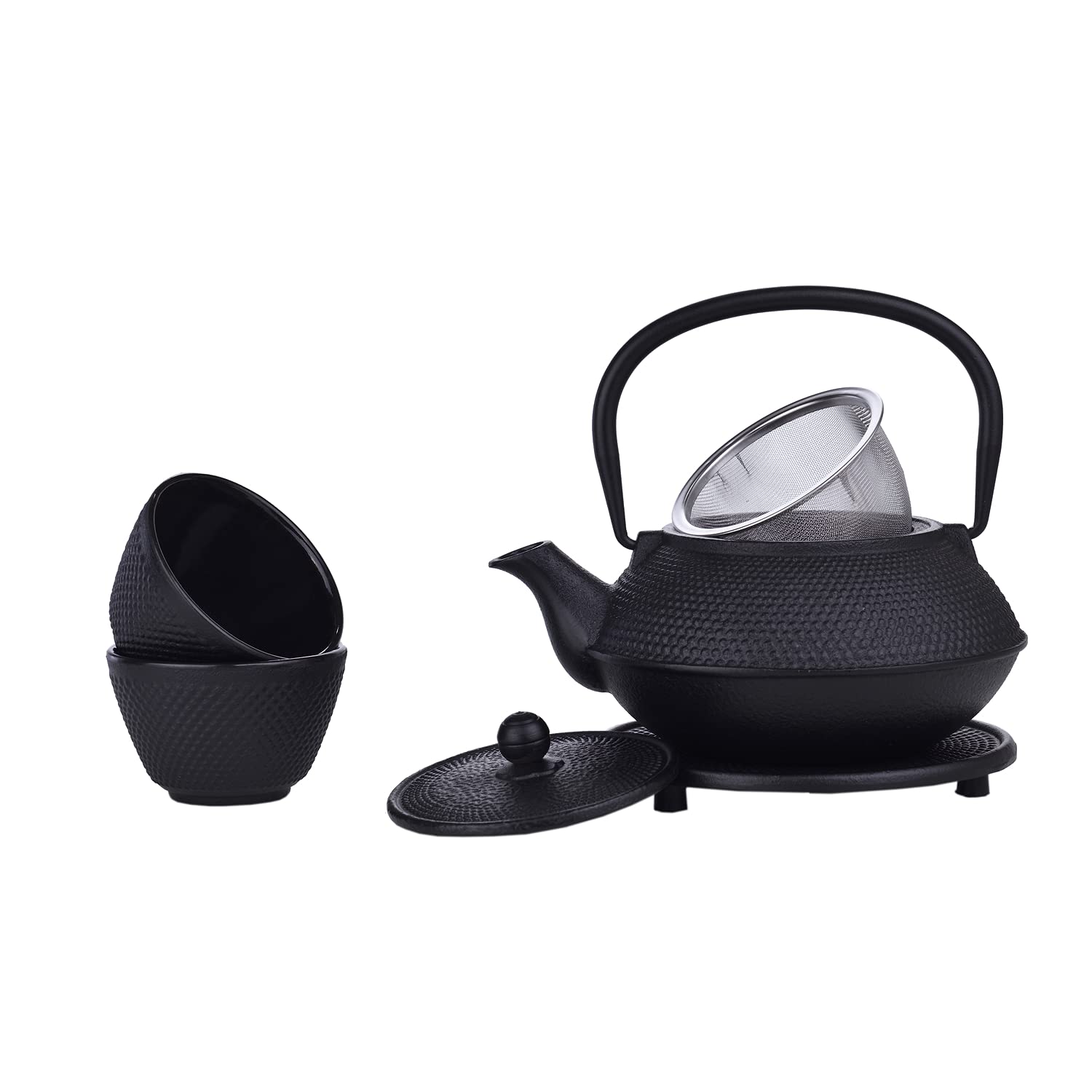LAGUIOLE - LAGUIOLE Tetera de Hierro Fundido, Interior Esmaltado Negro, Infusor, Juego de Tetera de Hierro Tradicional, Bandeja de Hierro Fundido y 2 Tazas de Té Japonés, Negro, 800ml