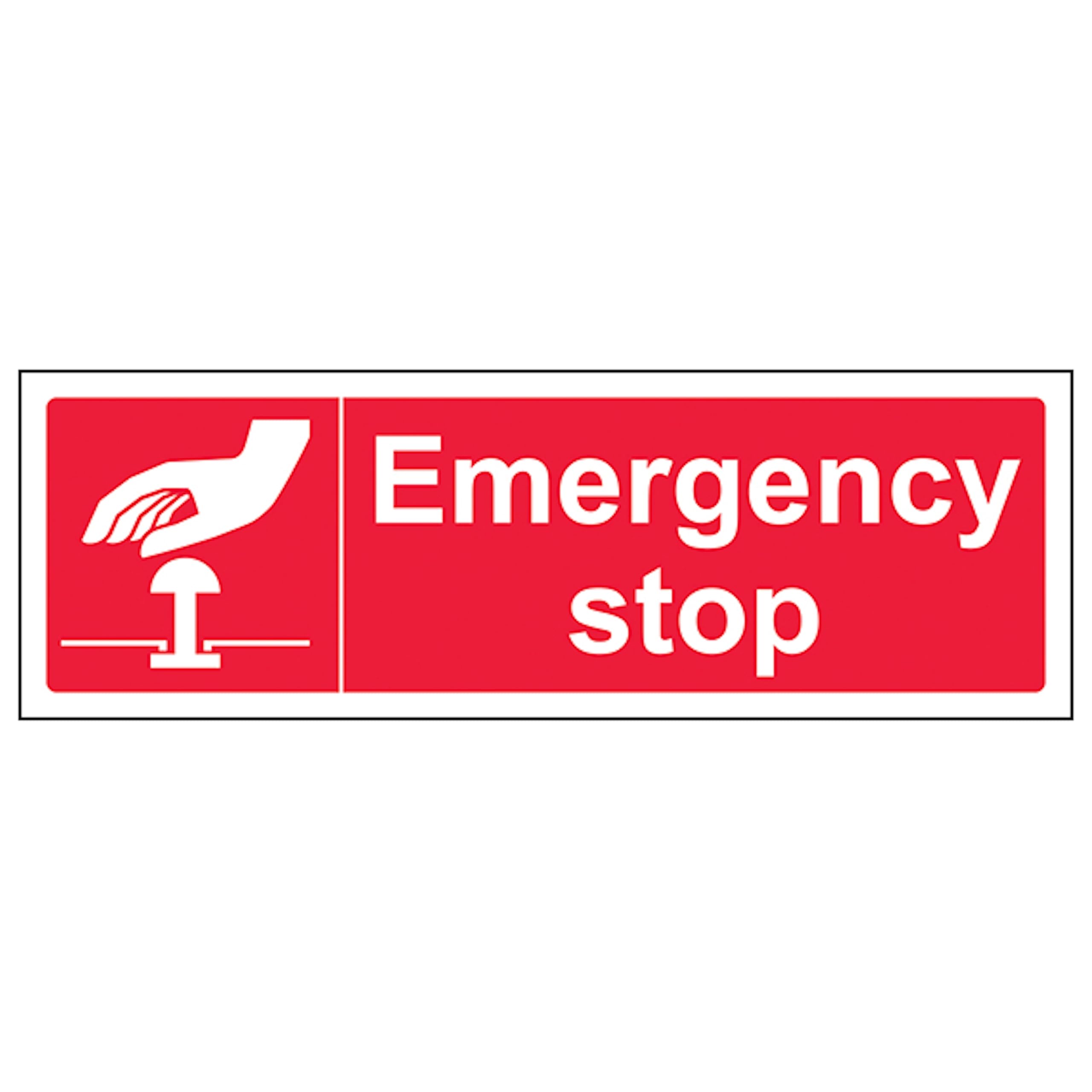 V Safety Emergency Stop - Red - Landscape 300 x 100 mm - Self Adhesive Vinyl - Aluminium Effect Safety Sign