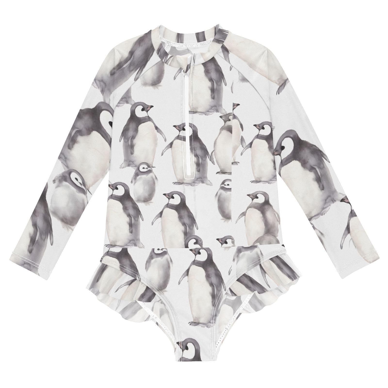 MFTJYO Girls Swimsuit Long Sleeve Baby Emperor Penguin Black One Piece Swimsuits Toddler Zipper Rash Guard Bathing Suit Swimwear