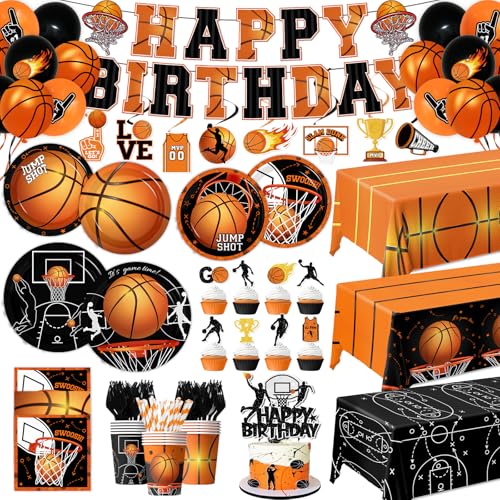 Basketball Party Decorations Basketball Birthday Theme Decoration Disposable Paper Plates Napkins Tablecloth Cups Balloon Banner Hanging Swirls Cake Topper for Basketball Party Decor Supplies Serve 24