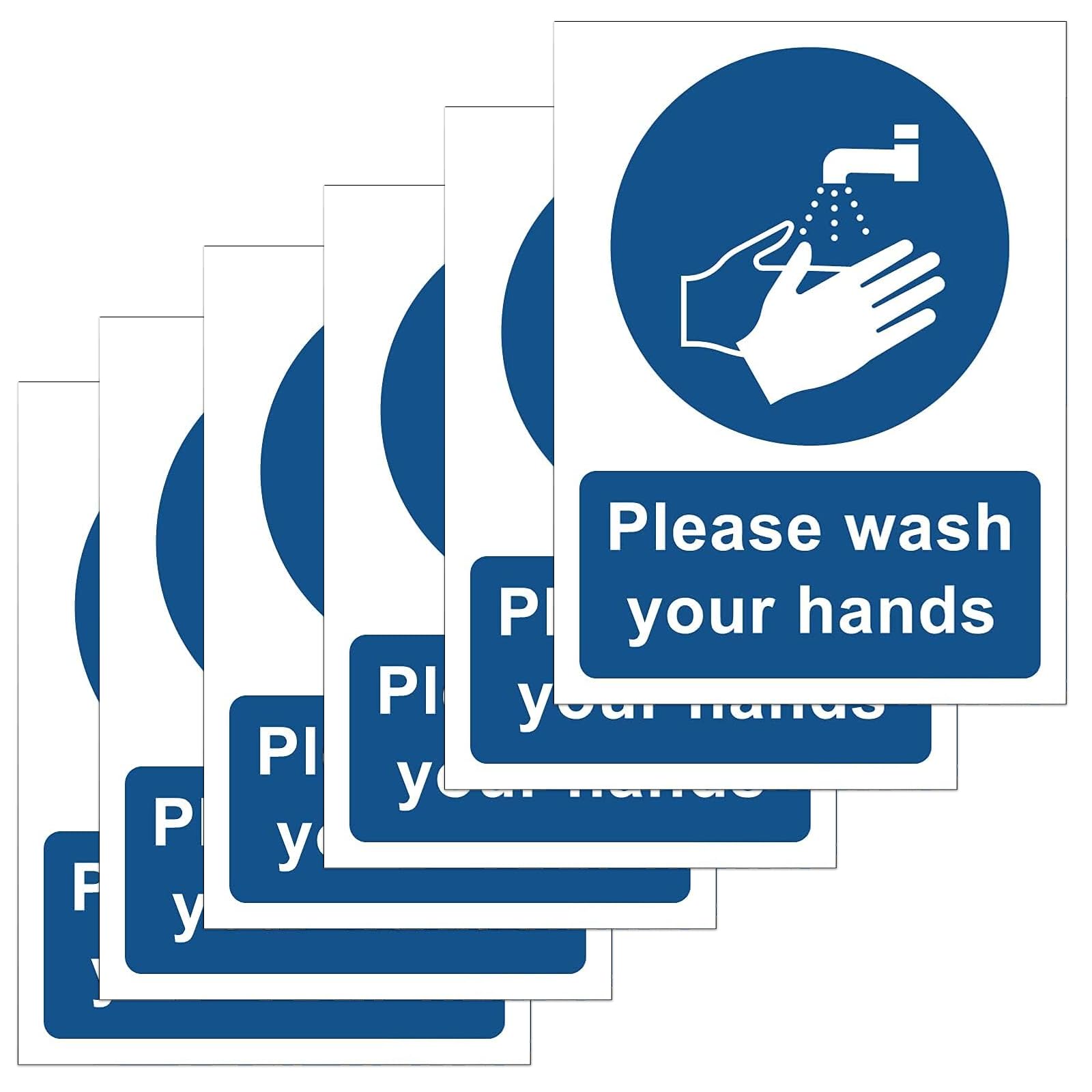 Pack of 6 Please Wash your Hands Sign 184mm X 138mm Self Adhesive Vinyl Sticker Waterproof HD Reminder for Hand Washing Signs Health and Safety Signs for Hand Washing Stations in Public Washroom
