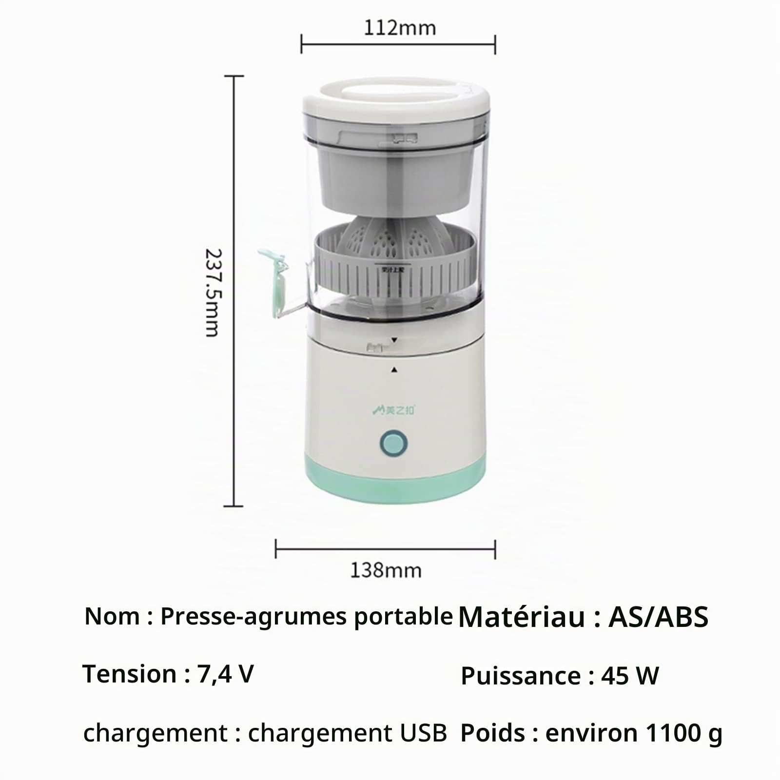 ADIOLI Hand Held Blender Stick Presse-Agrumes Lent Sans Fil Extracteur de Fruits Portable USB Électrique pour la Maison (Colo'