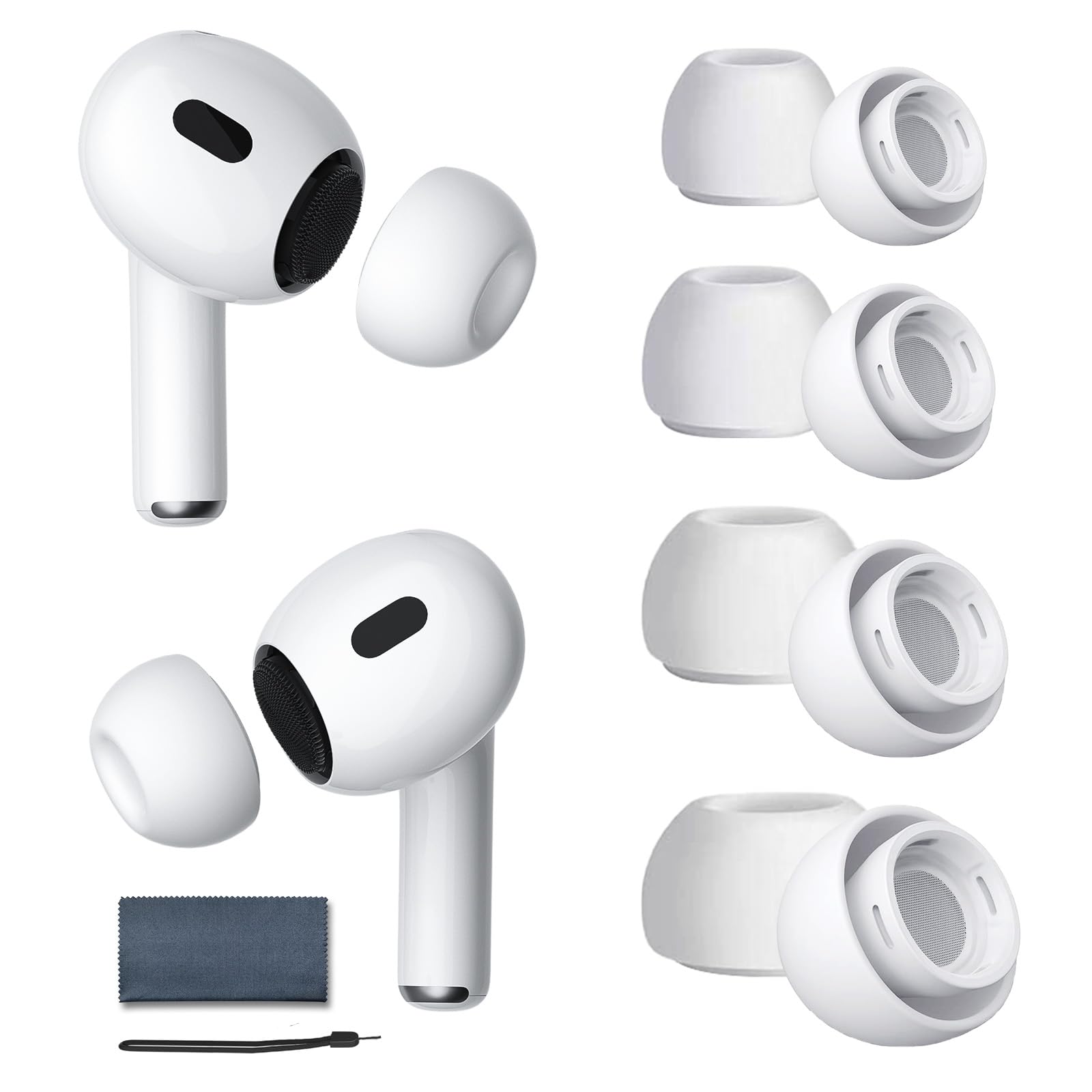 SUPFINE [4 Pairs] Replacement Ear Tips for Airpods Pro 2nd/1st Generation with Noise Reduction Hole, Silicone Ear Tips for Airpods Pro with Lanyard & Cloth and Fit in The Charging Case(XS/S/M/L)