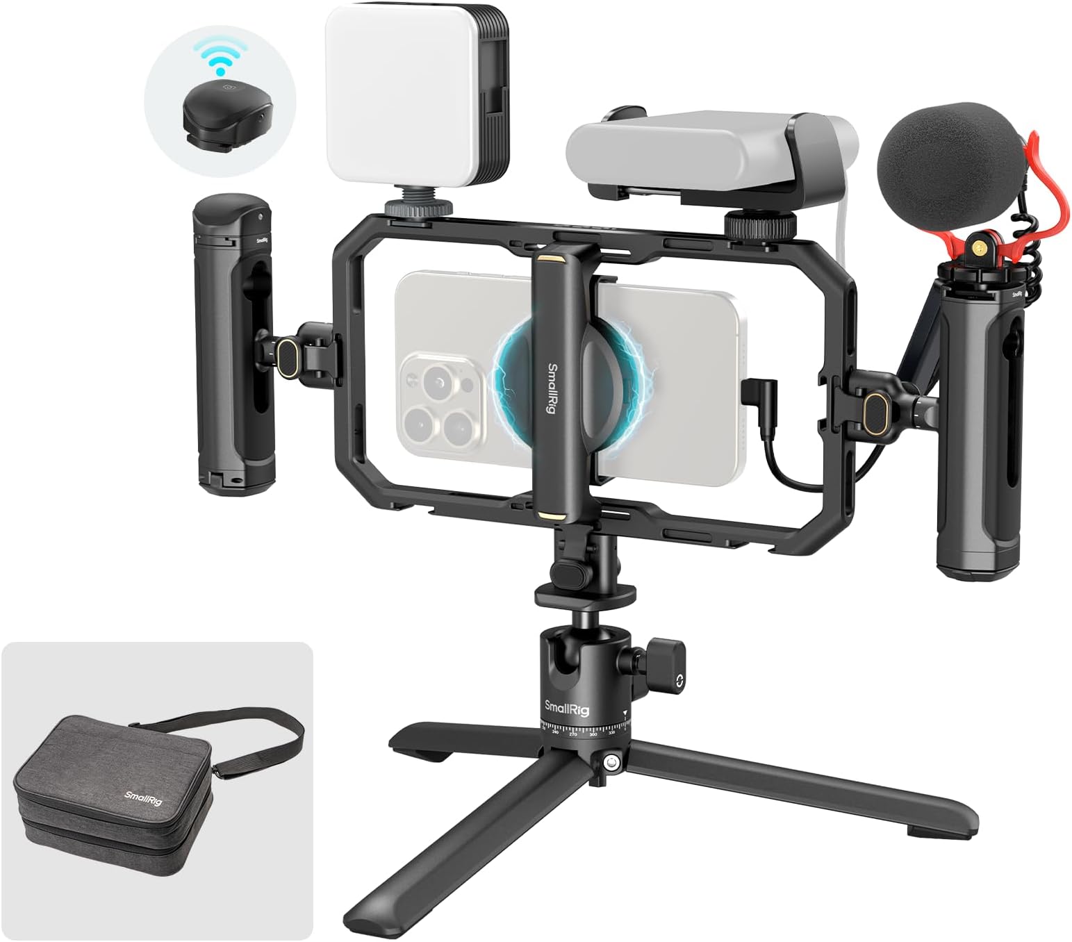 – All-in-One Universal Quick Release Phone Video Rig Kit Pro, Phone Stabilizer Rig Kit with LED Light Microphone QR Tripod Dual Handles Power Bank Holder, for Vlogging & Live Streaming - 4704