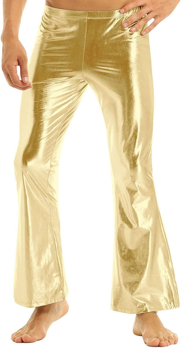 Moily Men's 70s Retro Disco Bell Bottom Shiny Metallic Patent Leather Flared Pants Leggings Trousers