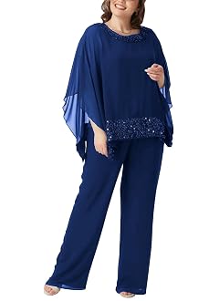 Mother of Bride Pant Suits 3 Piece Chiffon Sequins Plus Size Formal Evening Outfits