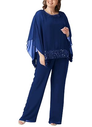 Mother of Bride Pant Suits 3 Piece Chiffon Sequins Plus Size Formal Evening Outfits