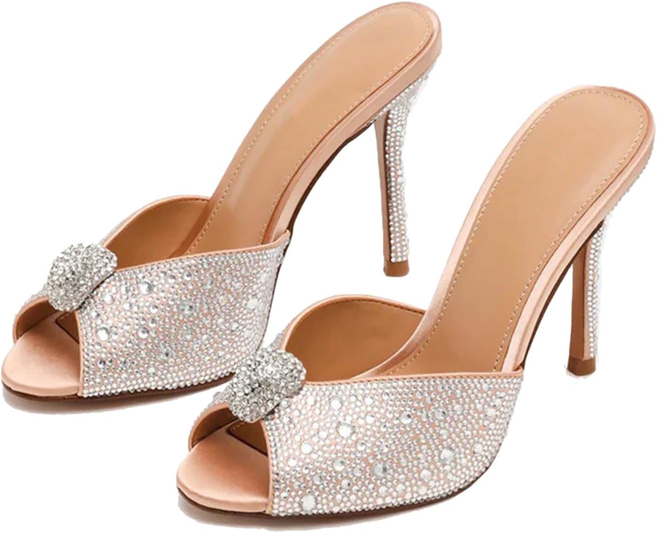 Ruched Kitten Heels for Women 3 Inch Pointed High Heels Sandals Peep Open Toe Slip on Stiletto Pumps Sexy Dressy Mules