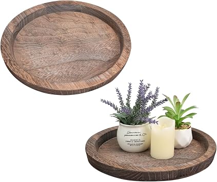 2 Pcs Decorative Serving Trays, Wooden Coffee Table Tray Set of 2, Candle Holder Home Decor Round Tray for Farmhouse Kitchen Counter Bathroom Living Room Decor Brown