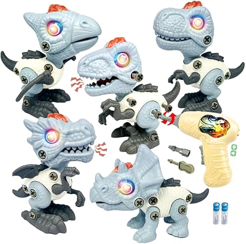 Juego de juguetes eléctricos de dinosaurios desmontables, paquete de 5 juguetes educativos de construcción de dinosaurios con sonido y luz, juguetes