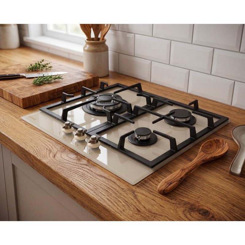 BELDEKO Plaque Gaz 3 Feux 6200W Beige Grilles Fonte - Marque Française