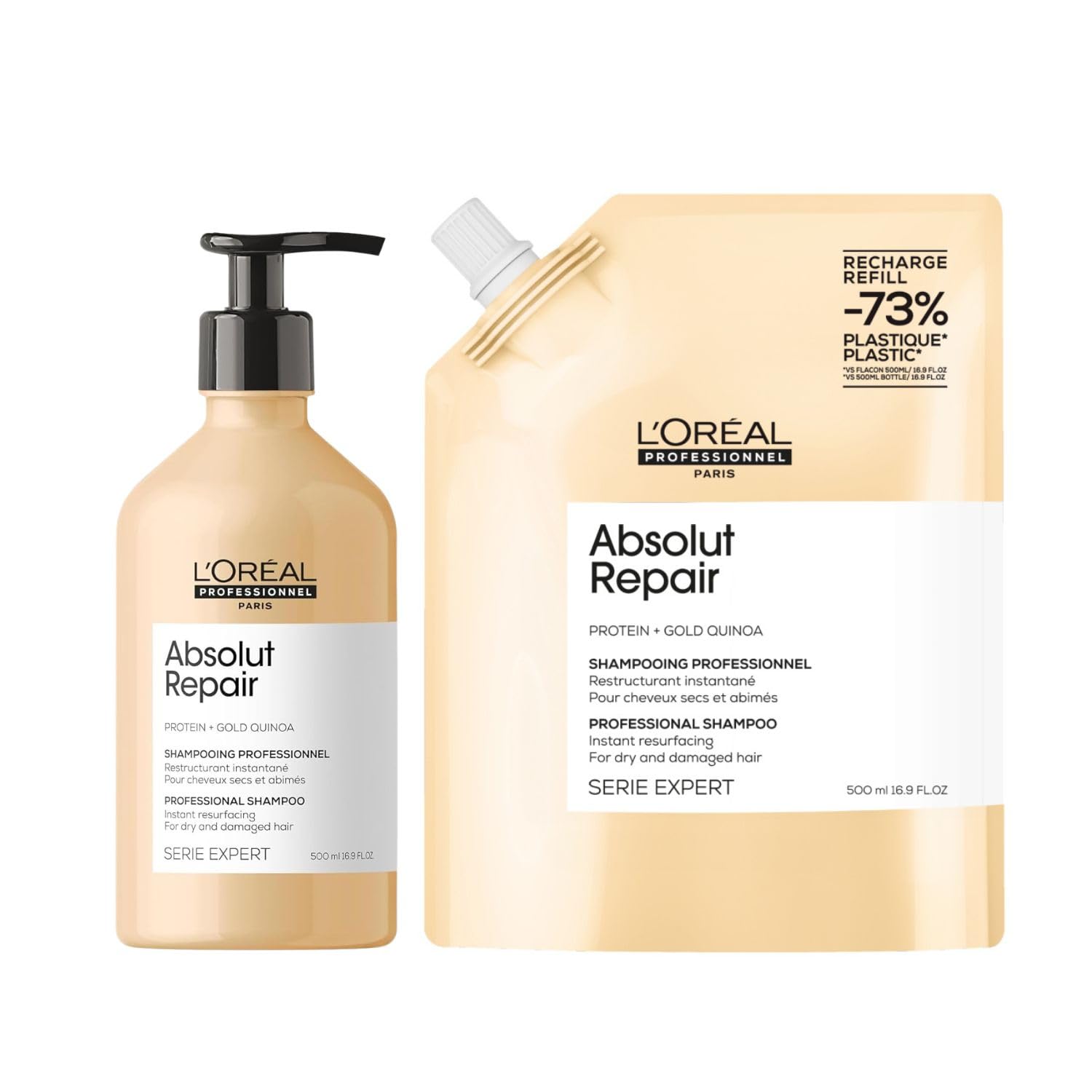 L'Oréal Professionnel Shampoo-Set für strapaziertes und trockenes Haar, Mit Quinoa, Serie Expert, Absolut Repair Shampoo 500ml & Nachfüllbeutel, Refill 500ml