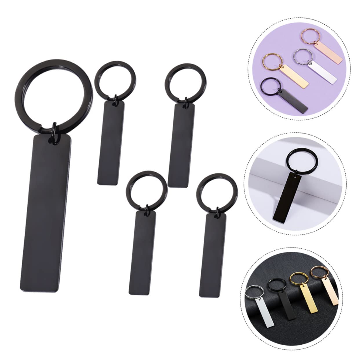 Glänzender Streifen-Schlüsselanhänger, Unfertiger Schlüsselanhänger, personalisierter Schlüsselanhänger, DIY-Schlüsselanhänger, Edelstahl (Schwarz x 5 Stück 6,50 x 2,50 x 0,30 cm)