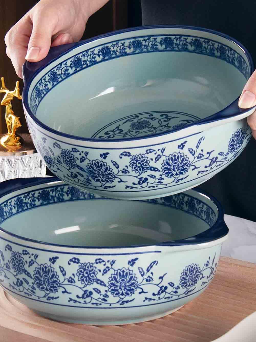 Large Soup Bowl Big Bowls for Eating Serving Bowls Ceramic Serving Bowl Big Soup Bowl For Kitchen Microwave Dishwashers Safe Fruit Pasta Bowl (Style 03,9.5 inch Round) - Image 3