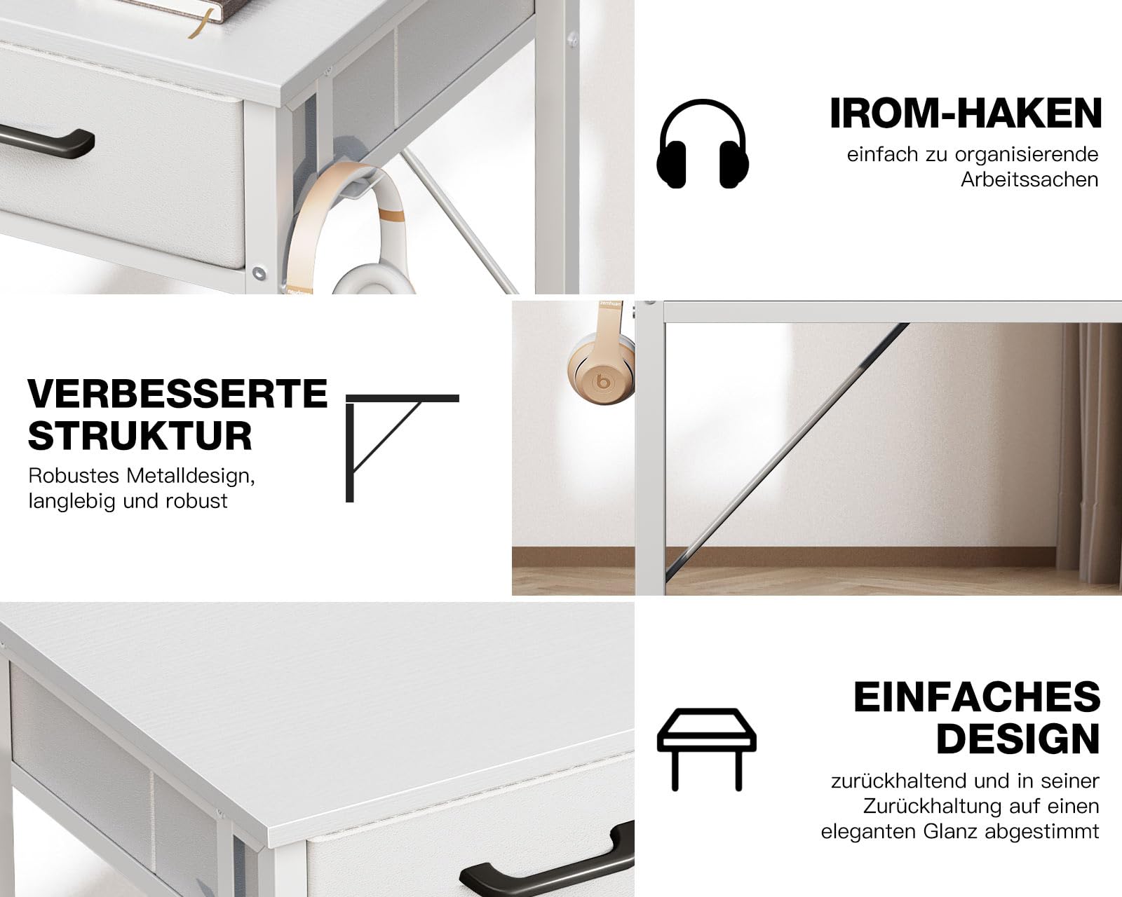 ODK Schreibtisch mit 2 Schubladen, 100 × 40 cm, Kopfhörerhalter, Weiß | Computertisch mit Stauraum, 2 Schubladen aus Stoff und Kopfhörerhalter, Bürotisch und PC Tisch für kleine Räume