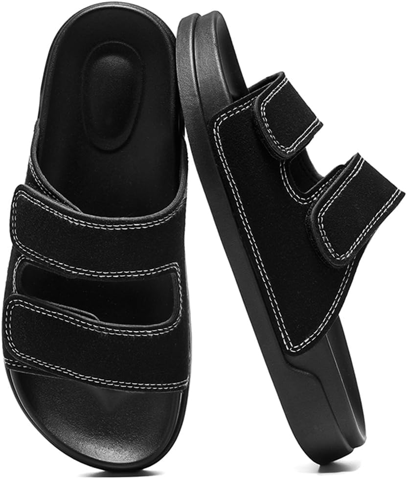 Women's Double Strap Slide Sandals,Open Toe Flat Sandals with Comfortable Cushioned Non-Slip Sole Casual Slip On Sandals for Summer Daily Walking, Beach Vacation, Shopping and Travel