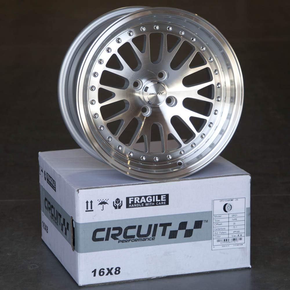 Circuit Performance CP21 16×8 Silver/Machined 4×100 [+25mm] compatible with Honda Civic EK EG, Acura Integra, BMW E30, Mazda Miata
