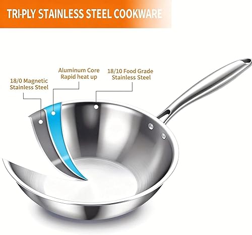 Miniatura 3 de DELARLO Wok de acero inoxidable de tres capas de cuerpo entero de 9.45 pulgadas, sartén profunda de cocina, sartén pequeña con tapas, mini wok