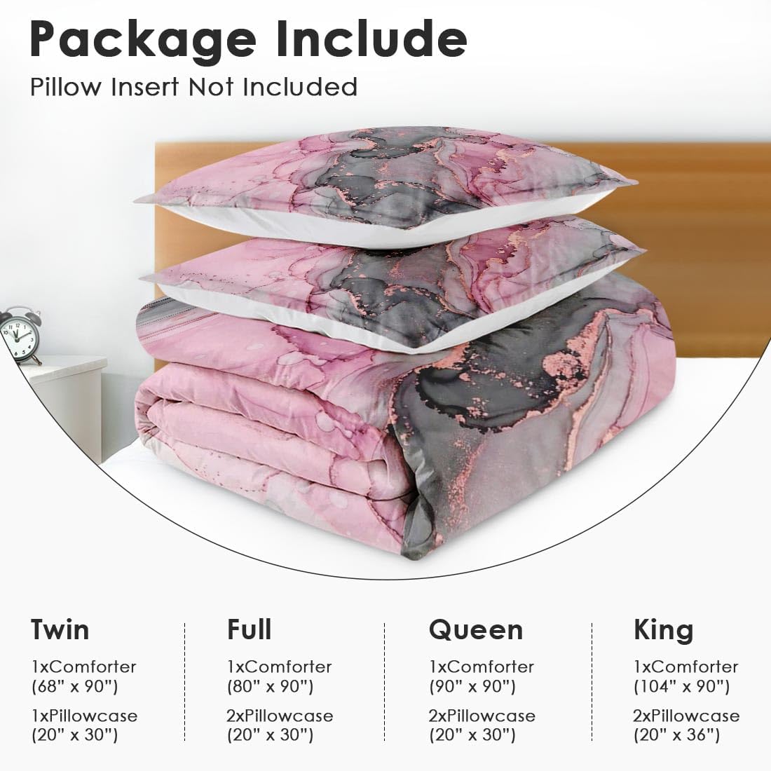 Gray Pink Marble Comforter Set King Size, Natural Luxury Golden Abstract Soft Bedding Set with 2 Pillowcases for Adults Bedroom Bed Decor