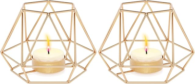 MoYouno 2Pcs Tea Light Candle Holders Set Home Decor, Metal Hollow Iron Decorative Candle Lanterns Holder, Ornament for Living Room, Wedding, Party, Events, Gold
