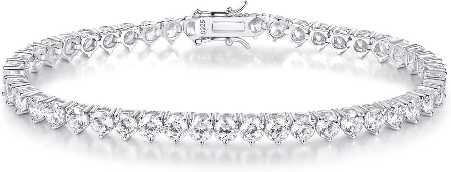 TIKJE Tennis Bracelet 925 Sterling Silver 3 Prong 3-5mm Cubic Zirconias | Classic White Gold Bracelets for Women Men | Size 6-8.5 inches