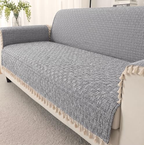 Image of Story@Home Sofa Set 5 Seater Cover Full | Sofa Covers 3 Seater and 2 Seater - 3+2 Sofa Cover Configuration | Sofa Mat with Sofa Back Covers and ArmRest Covers - Navy Blue & White